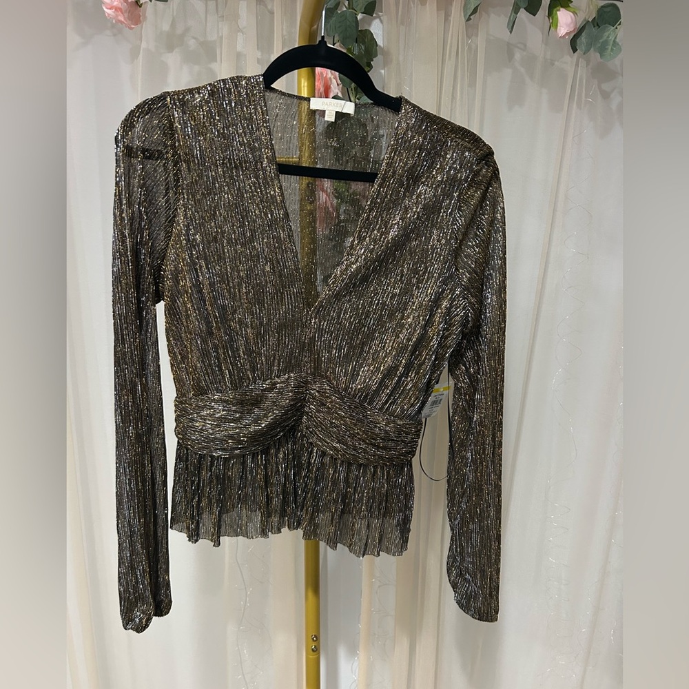 Parker Metallic Brown and Gold V-Neck Long Sleeve Blouse